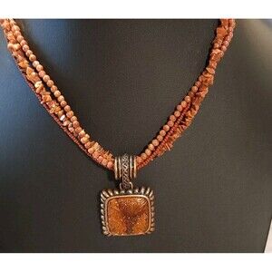 MX Red Rock Bead Multi Strand Necklace Square Amber Pendent